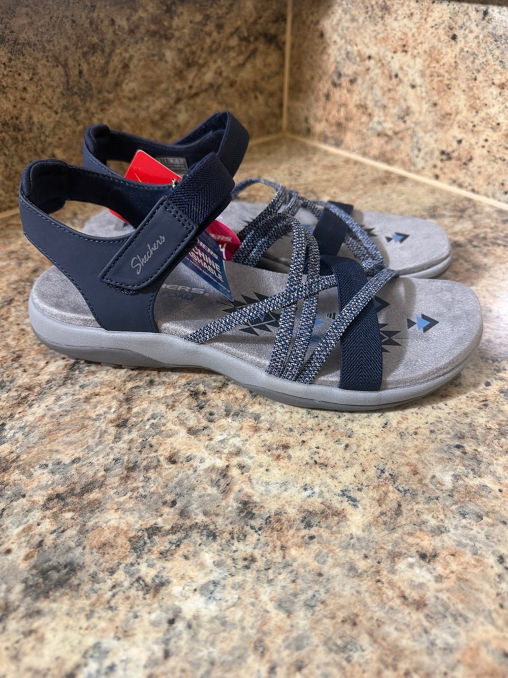 Skechers Womens Reggae Slim - Takes Two Navy Flat Strappy Sandals Shoes NWT